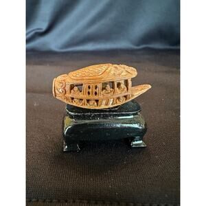 Vintage Asian Carved‎ Olive Fruit Pit Boat Sculpture with Stand Mini Figurine